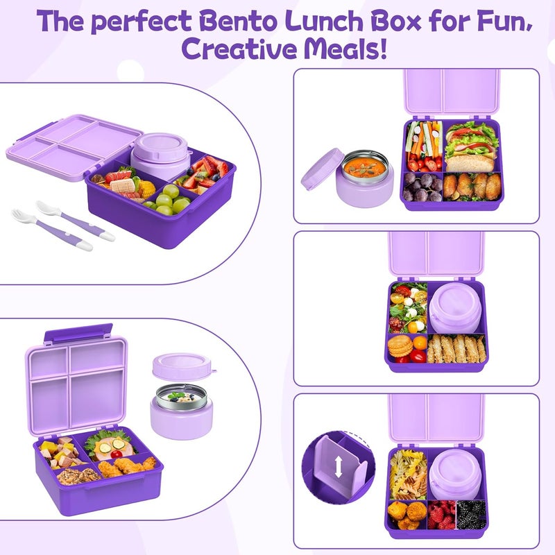 Aimsnk Kids Bento Lunch Box with 8oz Soup Thermo, Kids Leakproof Lunch Food Containers with 4 Compartment,Insulated Hot Food Jar with Lunch Bag for School, Travel (Purple) - Image 5